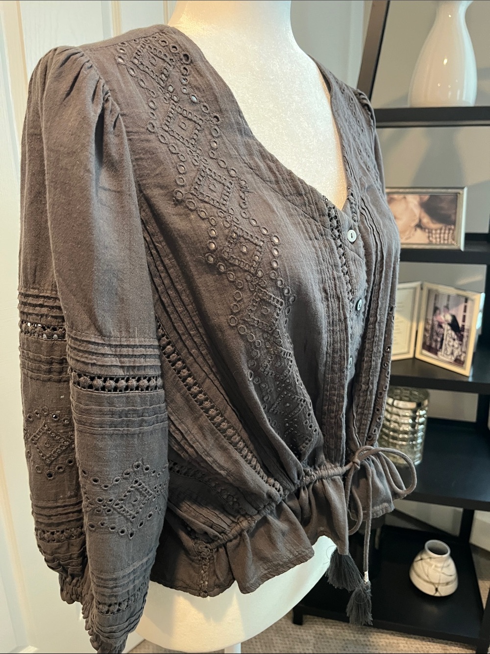 Lucky Brand Charcoal Eyelet Button-Front Drawstring Blouse - Picture 3 of 8